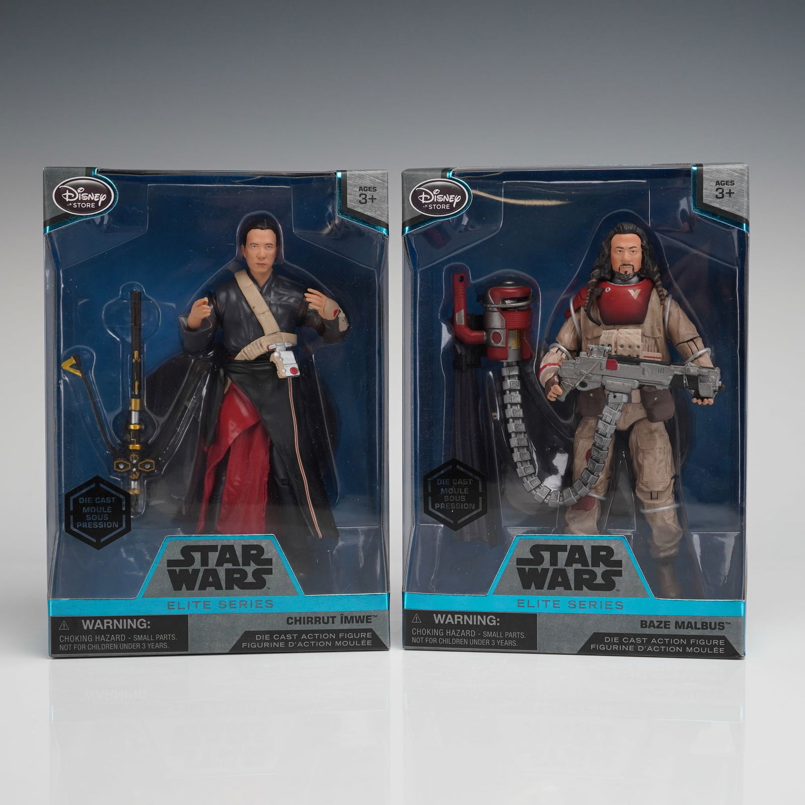 2pc Disney Star Wars Elite Series Baze and Chirrut: A collection of two Star Wars Elite Series Figurines, comprising die-cast action figures featuring the characters Baze Malbus and Chirrut Imwe. These collectible figures are part of the Disney Store S