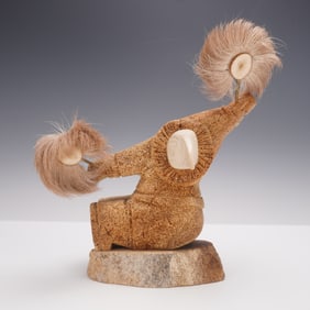 Scrimshaw Carving Figurine of Raven Dancer with Fur Accents