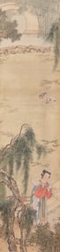 Chinese Ink and Watercolor on Paper Hanging Scroll, Courtly Scene