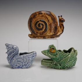 Trio of Glazed Ceramic Snail, Frog and Duck Pottery Planters