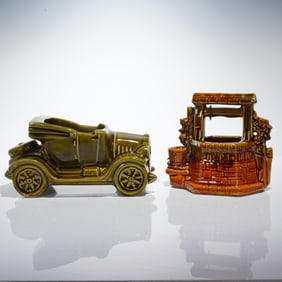 A Pair of McCoy Pottery Decorative Car and Wishing Well Planters