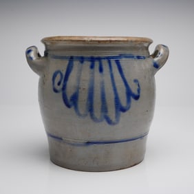 Westerwald-Style Salt-Glazed Stoneware Cobalt Blue Handled Crock Pot