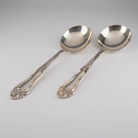 A Pair of Amston Sterling Silver Athene Pattern Round Bowl Soup Spoons