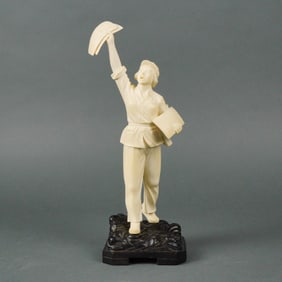 Carved Bone Chinese Revolutionary Figure with Newspapers on Wooden Base