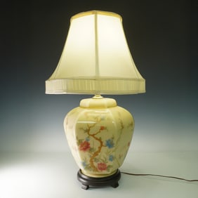 Vintage Floral Painted Glass Table Lamp Wood Base