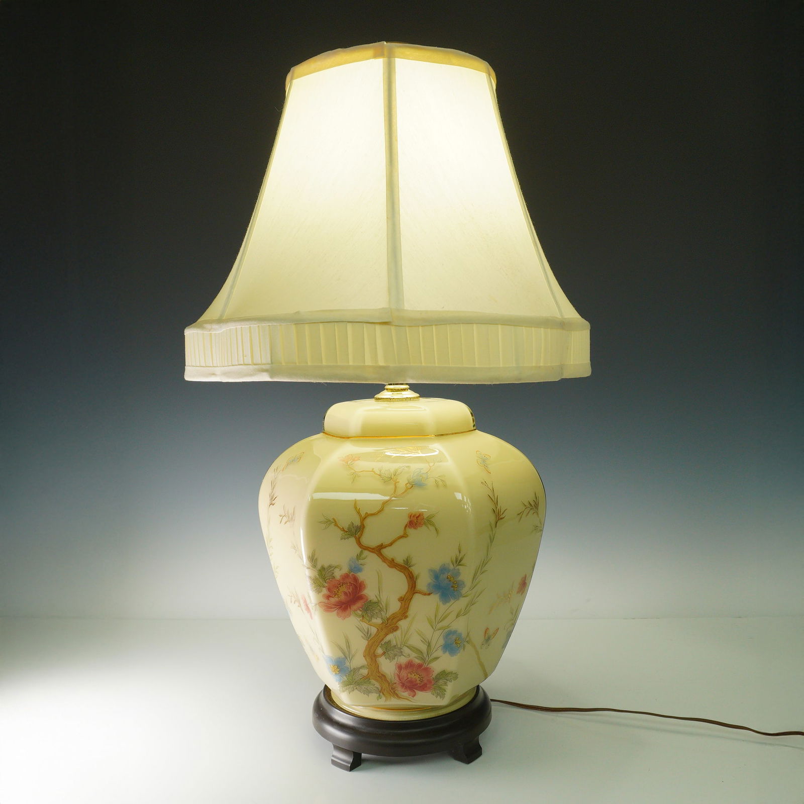 Vintage Floral Painted Glass Table Lamp Wood Base (1 of 6)