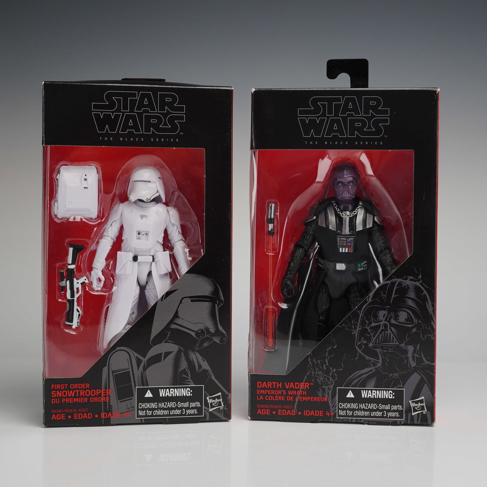 2pc Star Wars Black Series Vader and Snowtrooper Figures: A pair of Star Wars The Black Series 6-inch action figures manufactured by Hasbro and Lucasfilm. This collection of figurines includes two distinct characters: the "Darth Vader: Emperor's Wrath (La Co