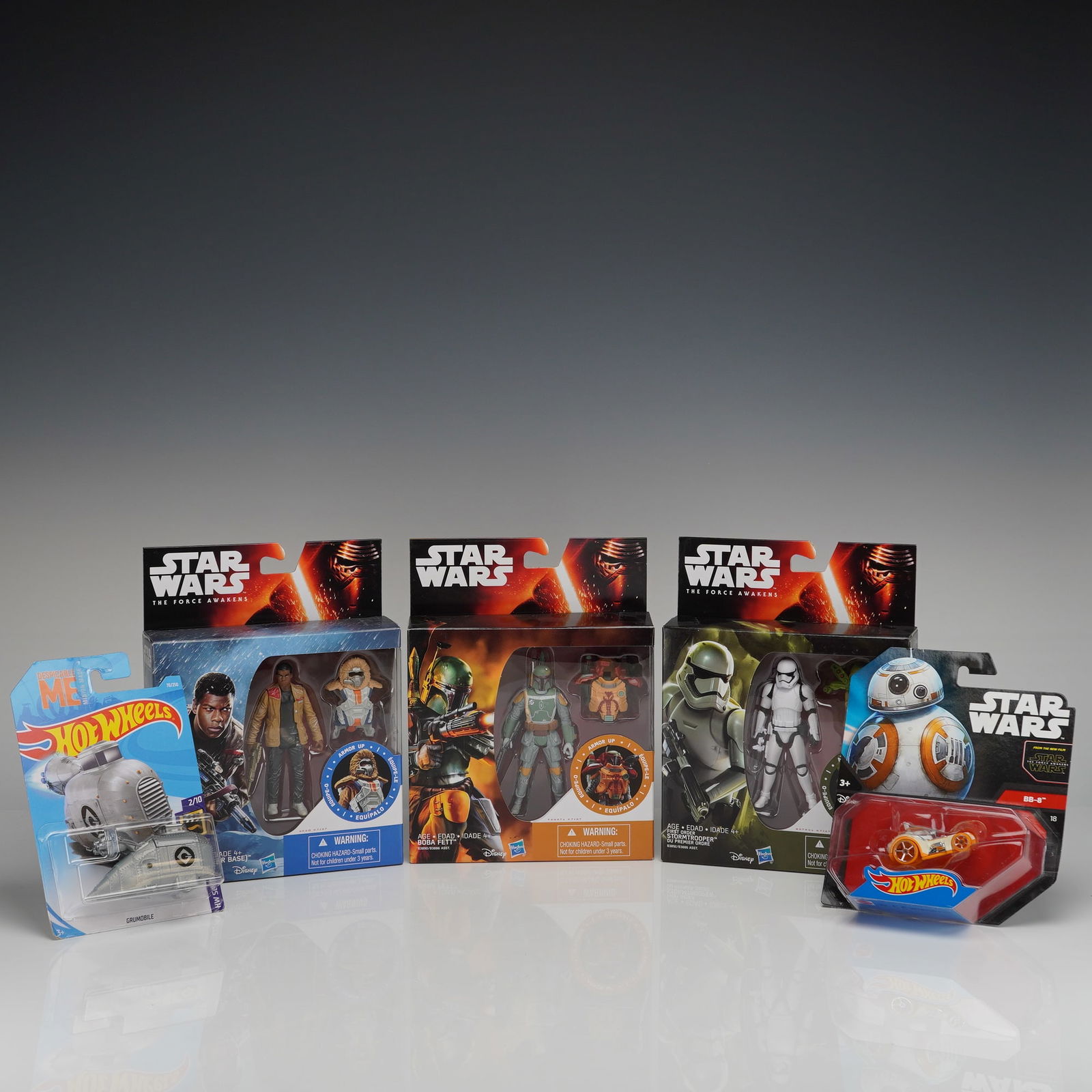 6pc Star Wars and Hot Wheels Modern Collectibles Figurines and Cars: A collection of six factory-sealed entertainment collectibles comprising Star Wars figurines and Hot Wheels die-cast cars. The lot includes four Star Wars action figure/vehicle sets manufactured by Ha