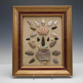 Framed Collection of Native American Arrowheads and Pottery Shards