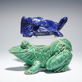 A Pair of McCoy Pottery Green Frog and Blue Turtle Planters