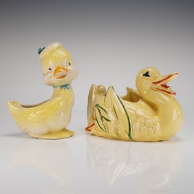 A Pair of Vintage McCoy Pottery Yellow Duck and Chick Planters
