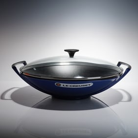 Le Creuset France Enameled Cast-Iron Wok Pan with Glass Lid, Cobalt Blue