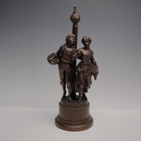 Figural Boy and Girl Lamp Sculpture with Central Post, Bronze-Finish
