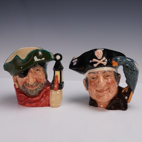 2pc Royal Doulton Character Jugs, Long John Silver D6335, Smuggler D6616