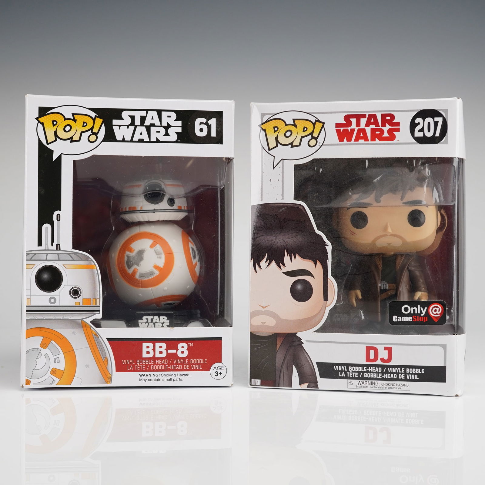 A Pair of Funko Pop Star Wars Vinyl Bobble-Head Figurines BB-8 and DJ: A 2pc collection of Funko Pop! Star Wars vinyl bobble-head figurines. The collection includes two factory-sealed figures in their original retail packaging: BB-8 (Number 61) from The Force Awakens ser