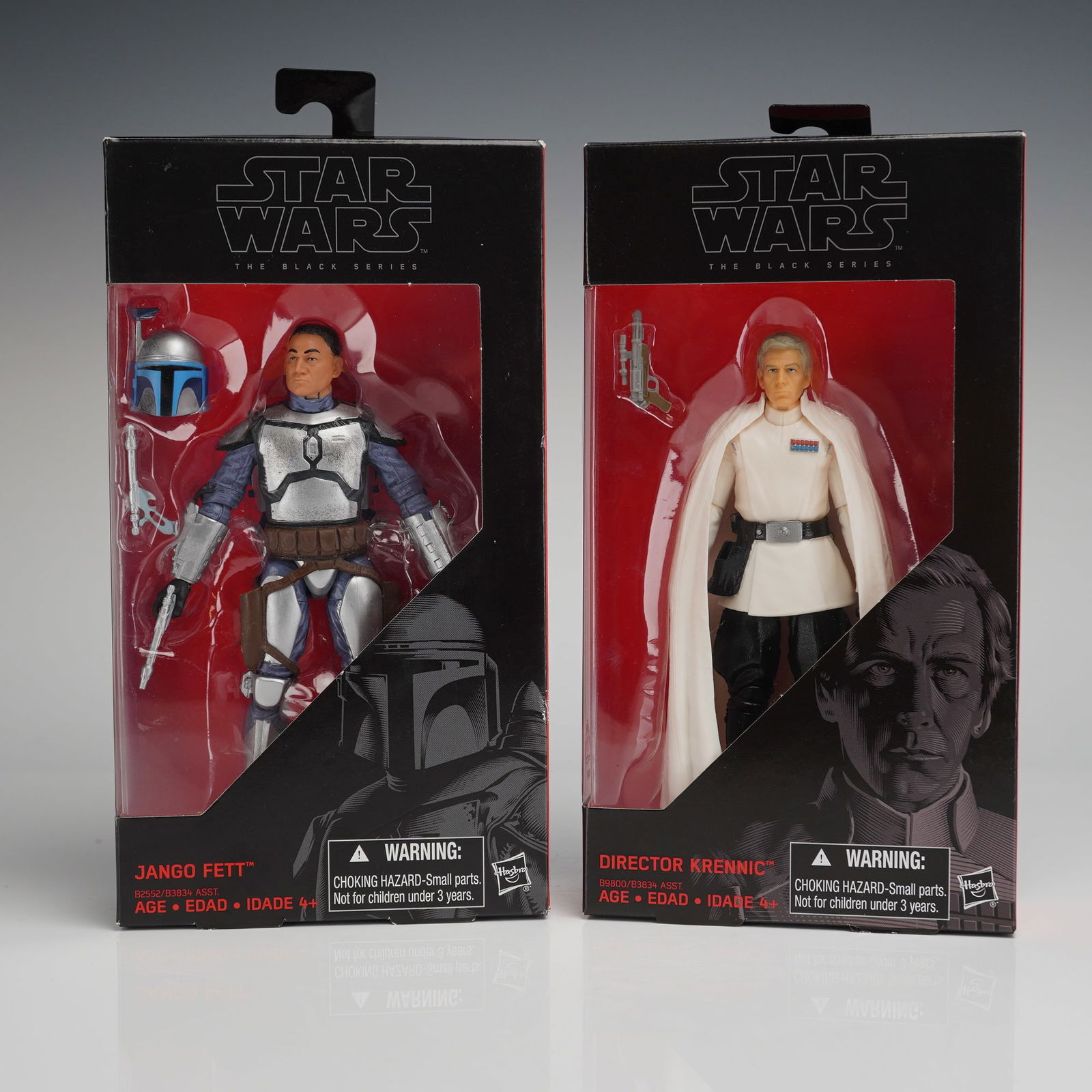 2pc Star Wars Black Series Jango Fett and Krennic Figures: Two Star Wars The Black Series Figurines collection consisting of two premium collectible 6-inch action figures manufactured by Hasbro. The lot includes the figures Jango Fett and Director Krennic and