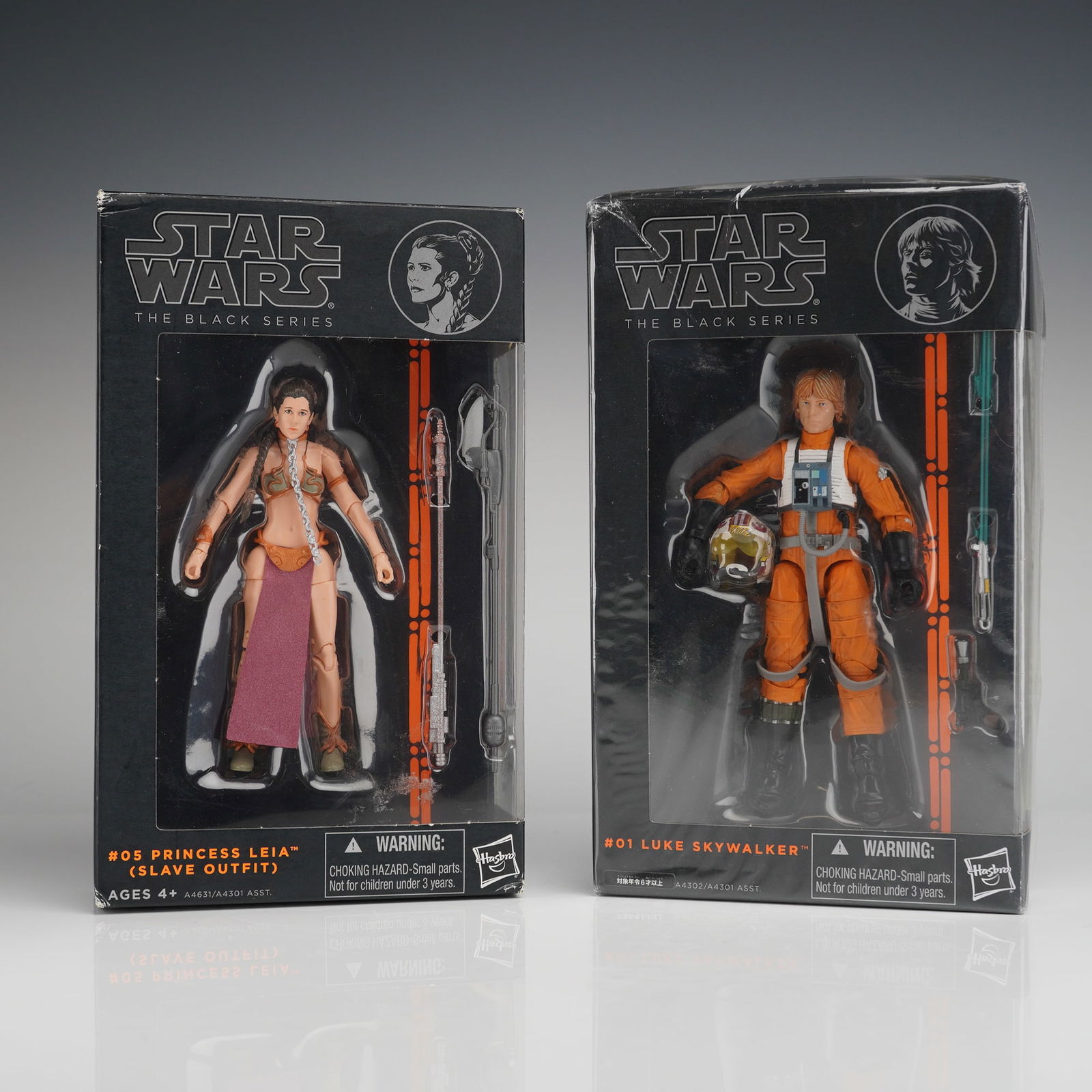 2pc Star Wars Black Series Leia Slave and Luke Figures: A duo of Star Wars The Black Series Figurines collection consisting of two sealed action figures produced by Hasbro. The figures are designated #05 Princess Leia (Slave Outfit) and #01 Luke Skywalker