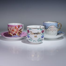 5pc Antique Porcelain Mustache Cups and Saucers