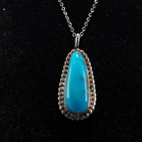 Sterling Silver Chain Necklace with Teardrop Kingman Turquoise Pendant
