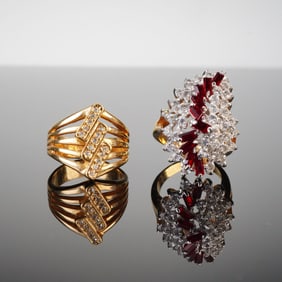 2pc Gold Plated Rings with Clear and Ruby Toned Stones