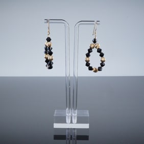 Gold Tone Black Faceted Bead Dangle Hoop Earrings with 14K Hooks