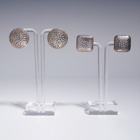 Two Pairs of Hammered Sterling Silver Stud Earrings