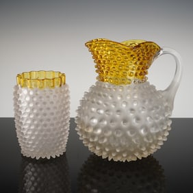 A Pair of Hobbs & Brockunier Dew Drop Hobnail Water Pitcher and Tumbler Set