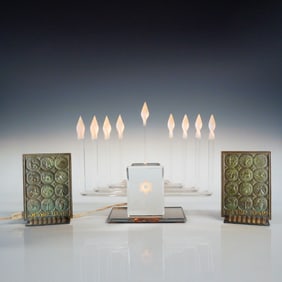 3pc Mid-Century Modern Lucite Electric Menorah and Judaica Bookends