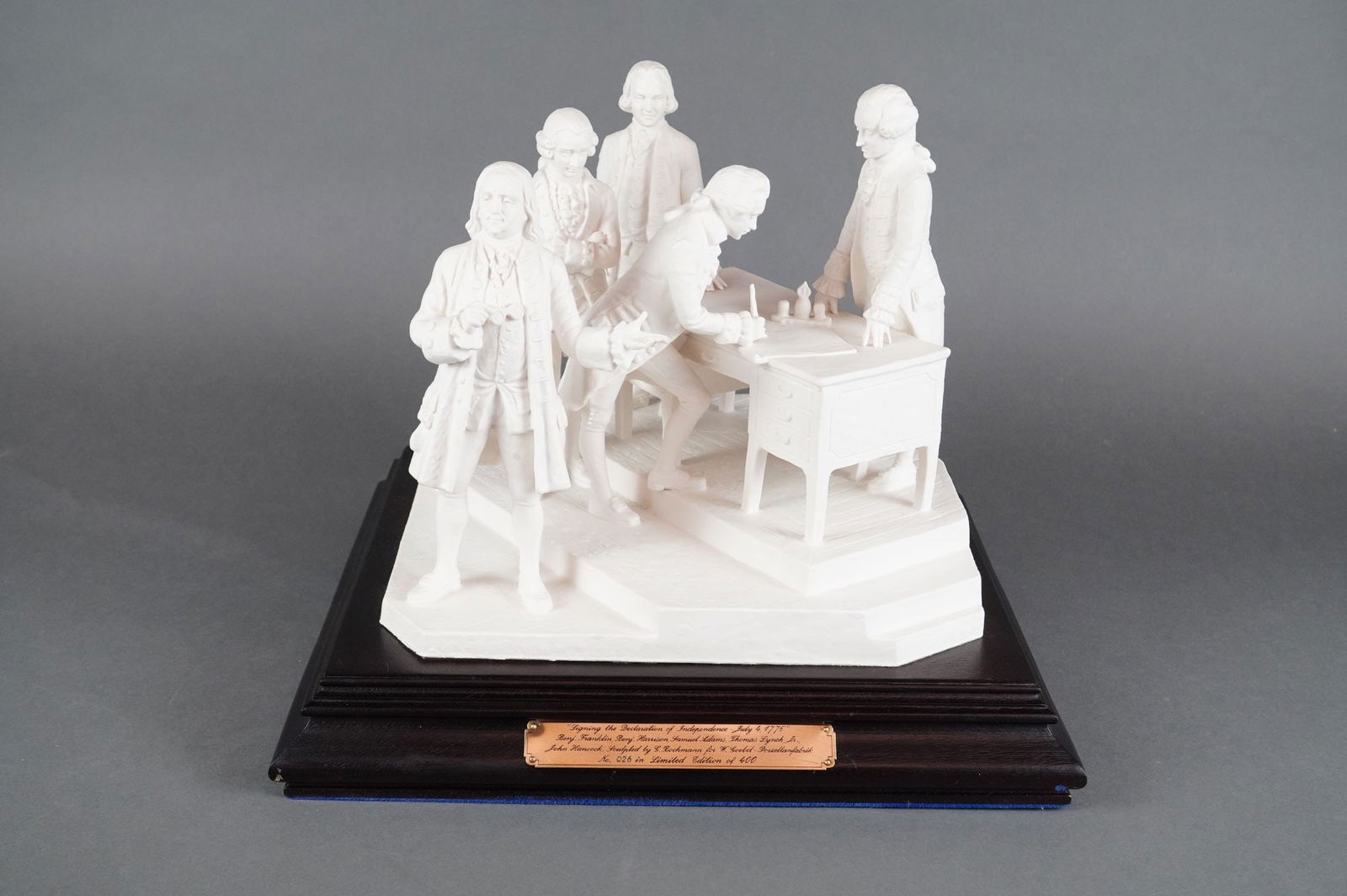 Goebel W. Porzellanfabrik Ltd Ed Bisque Diorama Signing the Declaration: A single commemorative sculptural diorama, titled Signing the declaration of independence, crafted from matte white bisque porcelain. The piece was sculpted by C. Bochmann (market attributed as Gerhar