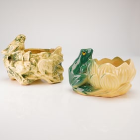Pair of McCoy Pottery Figural Planters, Frog on Lotus and Bird