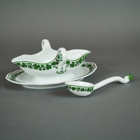 Three Meissen Full Green Vine Porcelain Gravy Boat Set and Ladle (3 Pieces)