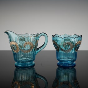 A Pair Turquoise Gilt Glass Creamer and Sugar Bowl