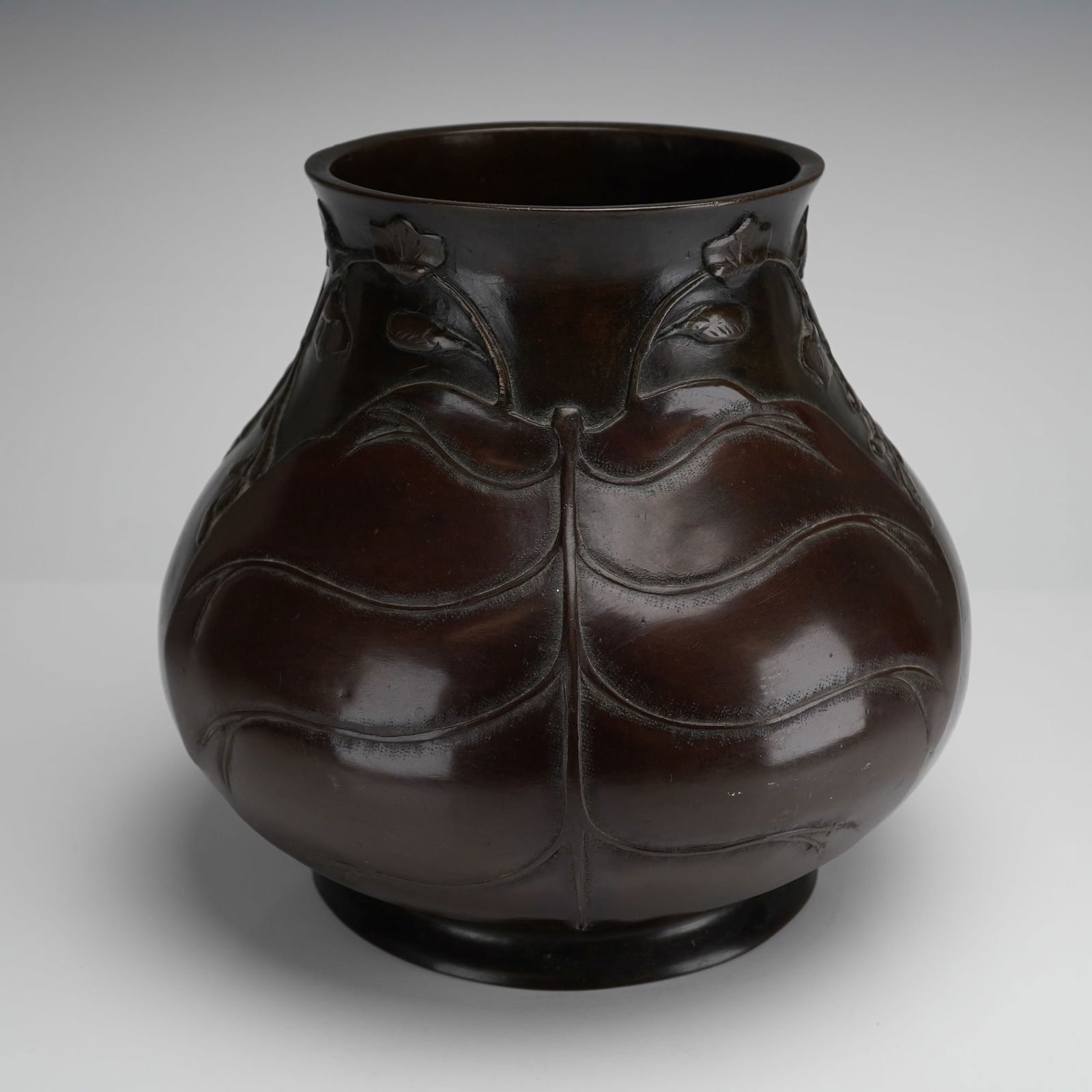 A Japanese Meiji Era Bronze Vase with Raised Foliate Decoration: A single Japanese Meiji Era bronze vase featuring a globular body and a slightly flared neck. The vessel is cast in high relief with dense foliate decoration, characterized by large, sweeping leaves c