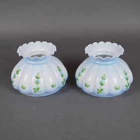 A Pair of Glass Melon Student Lamp Shades with Floral Decoration