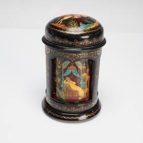 Russian Palekh Lacquer Storytelling Rotating Box, Ivan Tsarevich Scenes