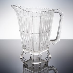 An EAPG Pressed Glass Square Pitcher in the Barrel/Stave Pattern