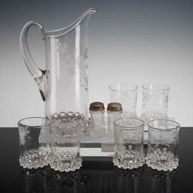 9 EAPG Ripley & Co. Dakota Pattern Etched Glass Tableware Pieces