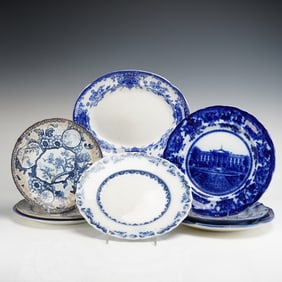 8pc Mixed Ironstone and Porcelain Plates & Platter, Flow Blue