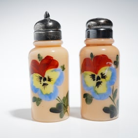 A Pair of Victorian Hand-Painted Milk Glass Salt and Pepper Shakers