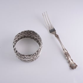 2 Antique Sterling Silver Lot - Victorian Fork & Braided Napkin Ring