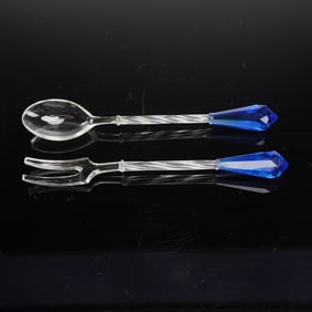 2pc Glass Serving Spoon and Fork with Cobalt Blue