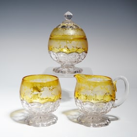 3 Hobbs Brockunier EAPG Hexagon Block Table Suite Amber Stained