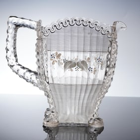 Rare Early American Pattern Glass Footed Floral Pitcher