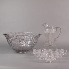 A Collection of Eight Piece EAPG Pressed Glass Punch Service Set