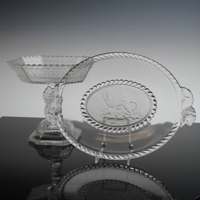 2pc Gillinder & Sons EAPG Oval Platter and Compote, Lion & Picket Fence