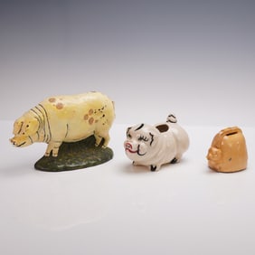 3pc Pig Figural Collectibles- Painted Metal Doorstop, Coin Bank + Planter