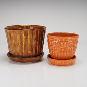 Coll. of 2 McCoy Pottery Planters & Saucers, Bamboo & Tiki Style