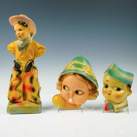 Vintage Mid-Century Chalkware Trio, Cowboy Figure Plus String Holders