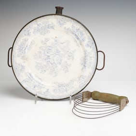 2 Antique Copper Warming Dishes w/ Blue White Floral Plate & Pastry Cutter