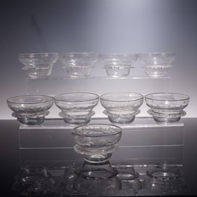 9pc Vintage Etched Glass Dessert Bowls